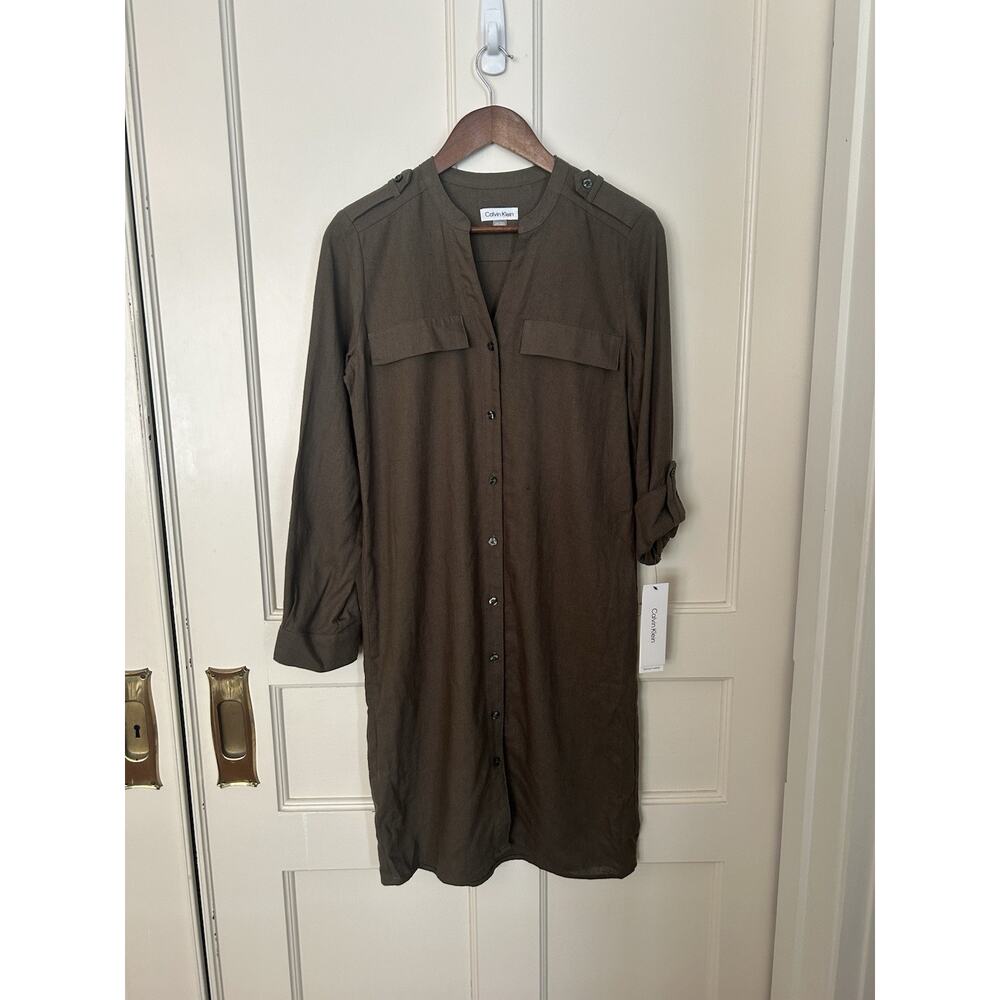 Calvin Klein Linen Blend Button Front Shift Dress Womens Size 2 Army Green NWT